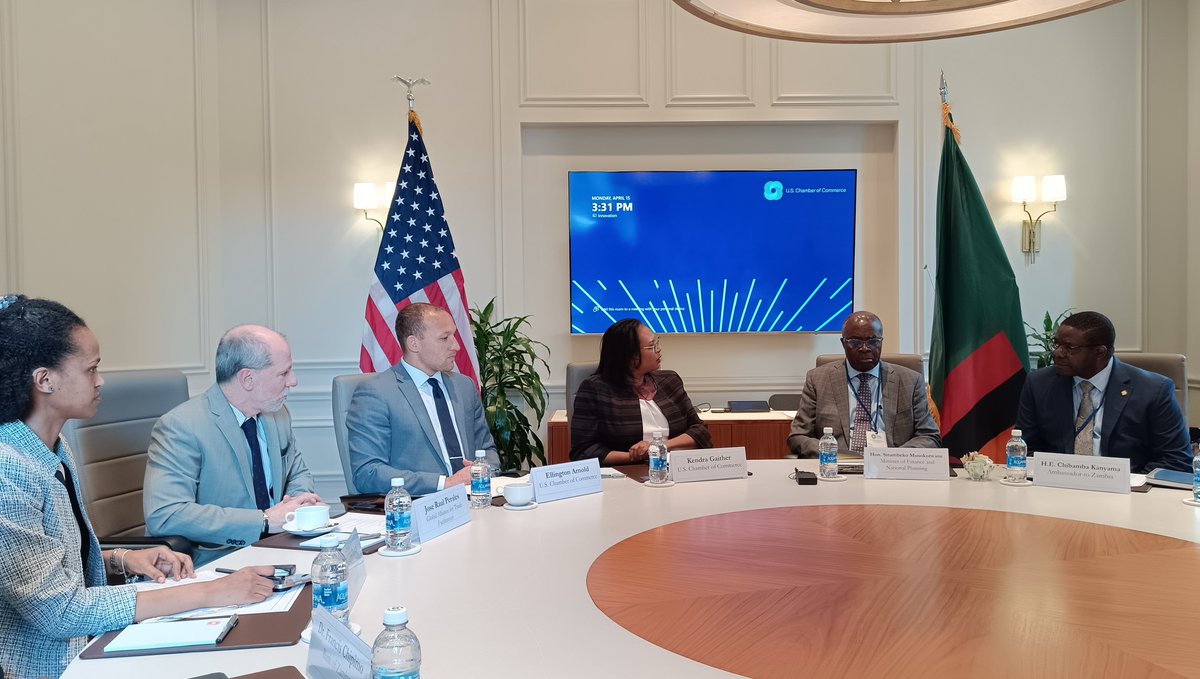 2024 SPRING MEETINGS SIDE EVENT: Underway @ US Chamber of Commerce for a roundtable on US-Zambia business linkages. Fin. Min. Dr S.Musokotwane, ST F.Nkulukusa, BoZ Gov. Dr D.Kalyalya, ZRA CG D. Banda, BoZ DGO Dr.F.Chipimo & Ambassador Chibamba Kanyama are representing Zambia.