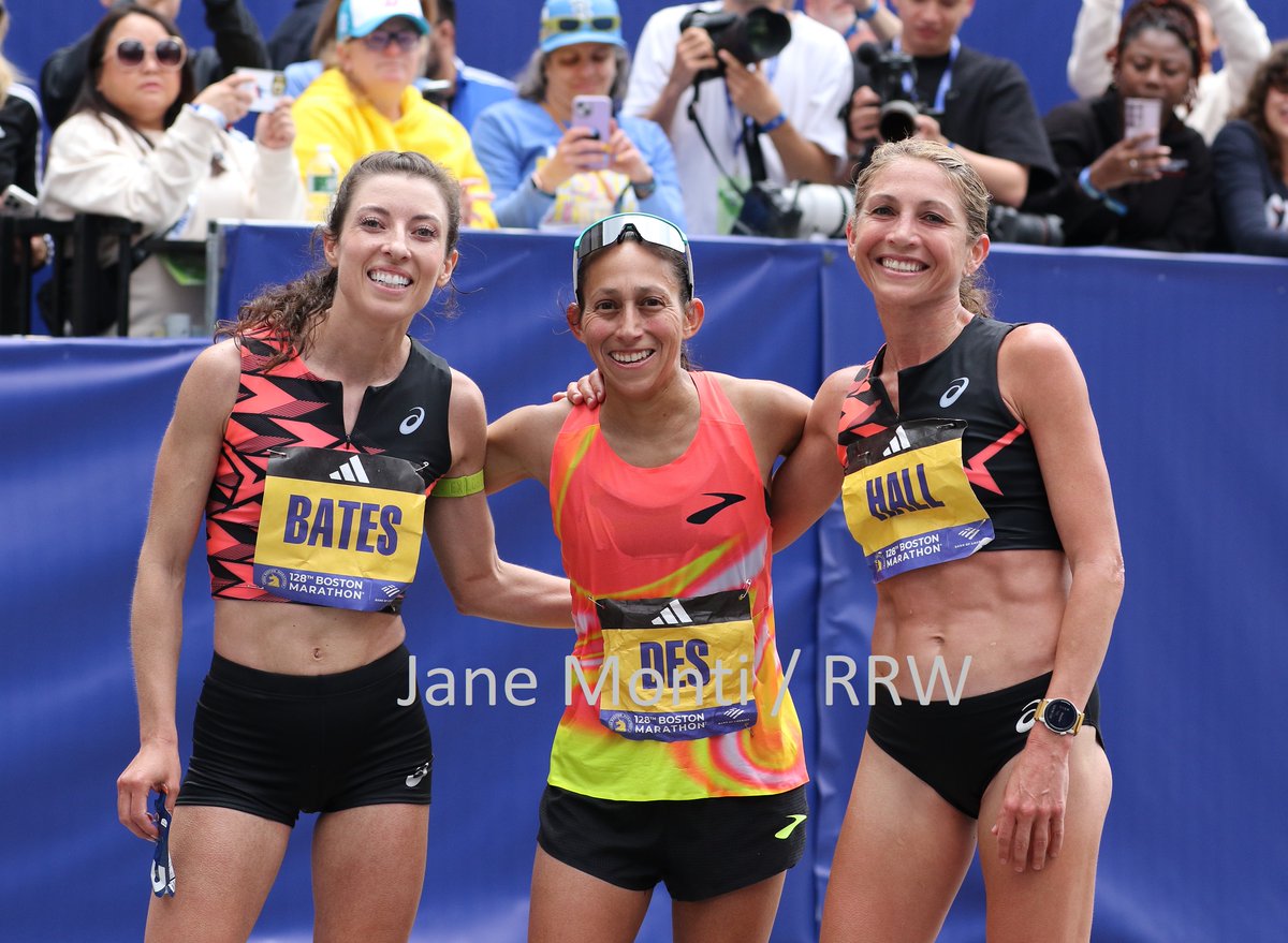 .@emmajbates (12th, 2:27:14), @des_linden (16th, 2:28:27) and @SaraHall3 (15th, 2:27:58) moments after finishing the #BostonMarathon. Bates was the top USA women's finisher. 📷@janemonti1 for Race Results Weekly