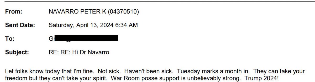 🚨 MESSAGE FROM DR NAVARRO🚨 @RealPNavarro is doing fine. Tomorrow, marks 1 month. “They can take your freedom but they can’t take your spirit. War Room posse support is unbelievably strong. Trump 2024!”