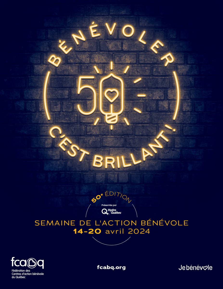 Du 14 au 20 avril, la 50e édition de la Semaine de l'action bénévole rayonnera de part et d’autre de la province à travers le thème «Bénévoler c'est brillant».
N'attendez plus et venez briller avec nous! #SAB2024 #BenevolerCestBrillant #JeBenevole