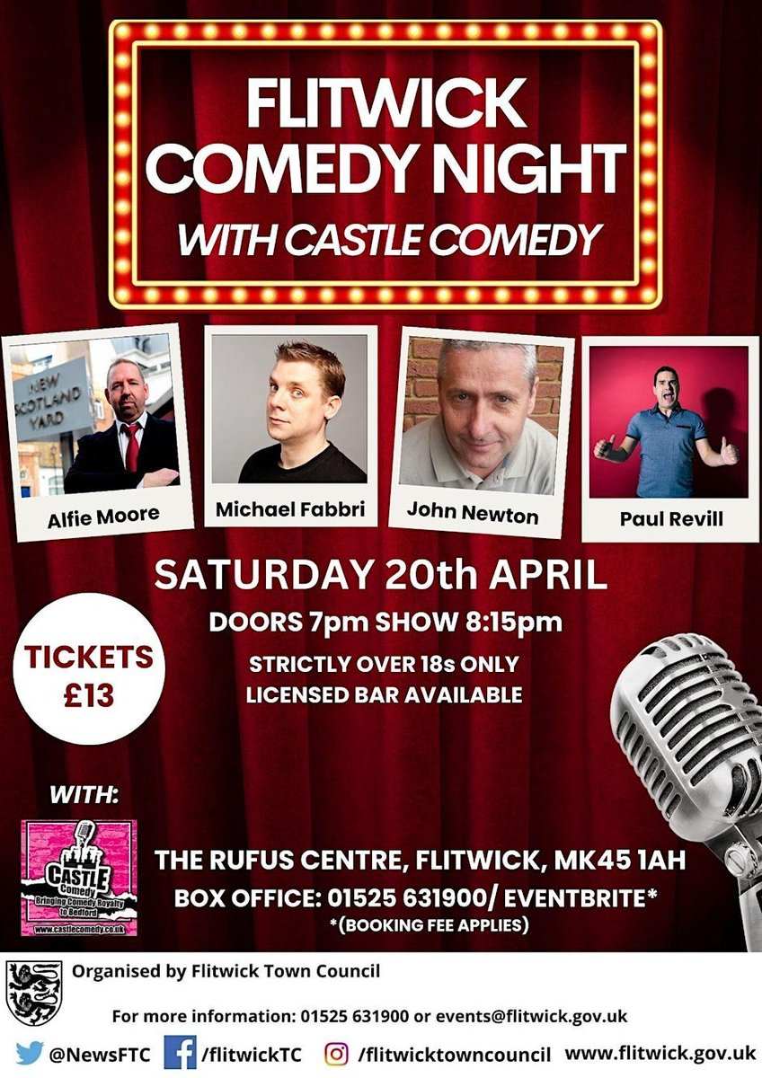 Last chance to book for Saturday 20th April @RufusCentreFTC Starring @alfiemoore #MichaelFabbri @JonNewtonComedy and your host @Revillations Tix eventbrite.co.uk/e/comedy-night…