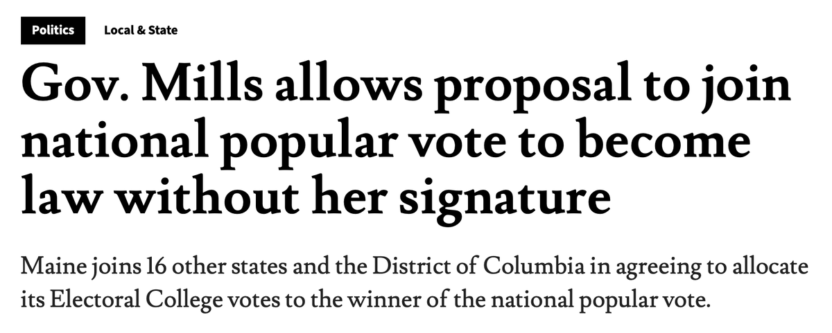 NEW: Maine joins National Popular Vote compact. tinyurl.com/5cuf6byw #mepolitics