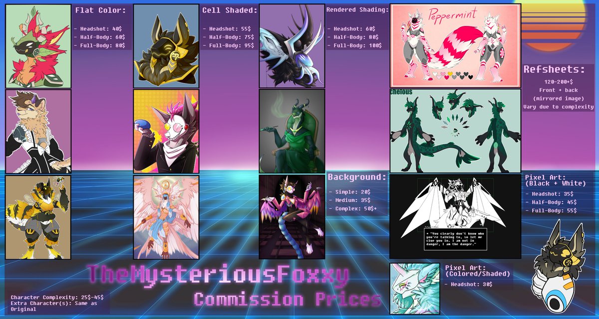Hello!! I'm now open for commissions! 
10 slots will be available, but I am not accepting custom designs at this time! All commissions must have a valid ref sheet! 
Paypal only, must be 18+ to commission
DM is you want to claim a slot or have any questions!