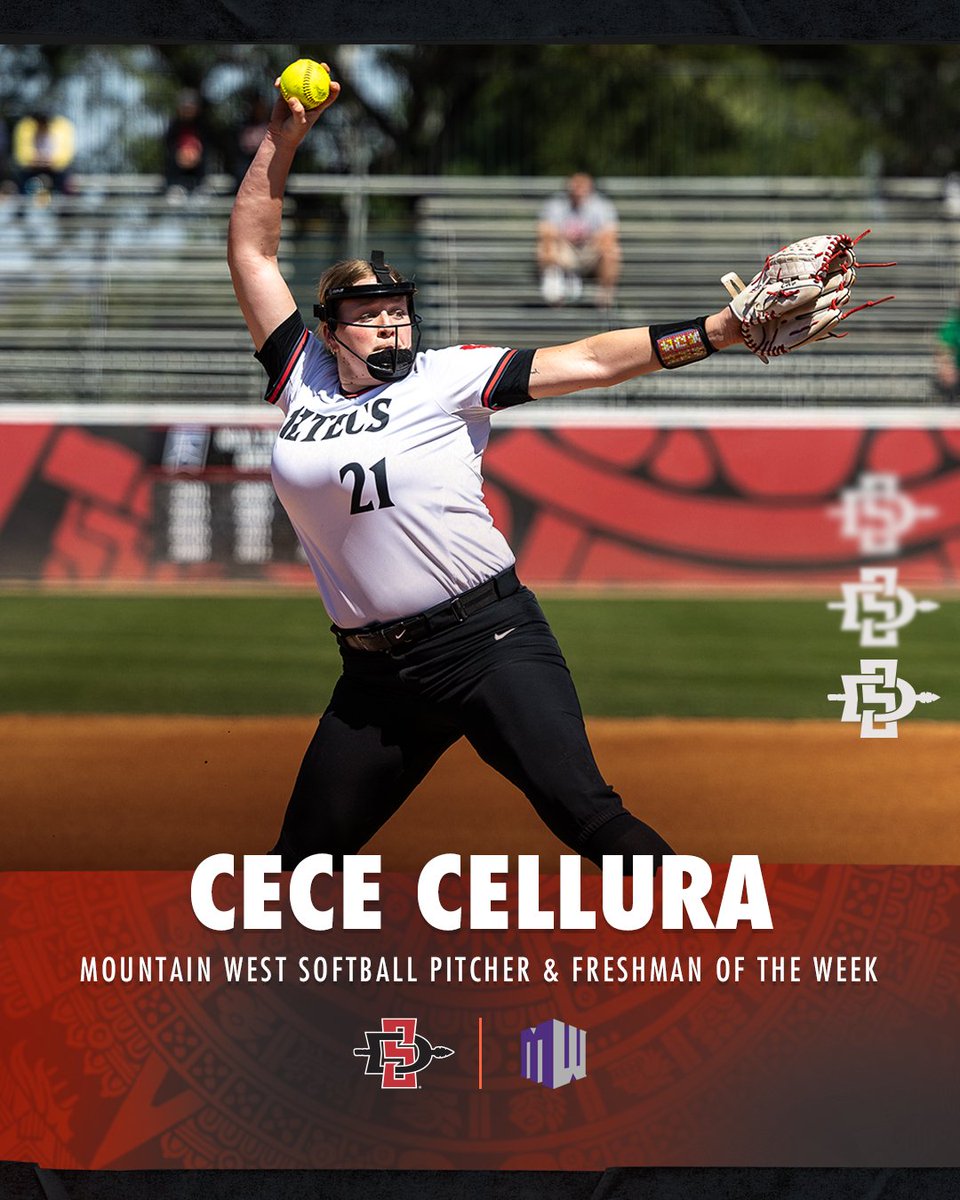 Congrats to Cece Cellura for being named the @MountainWest Pitcher AND Freshman of the Week! Cellura was 1-0 with a save and a 1.00 ERA in two appearances in a series sweep by the Aztecs last weekend at San Jose State. bit.ly/4cXxWqI