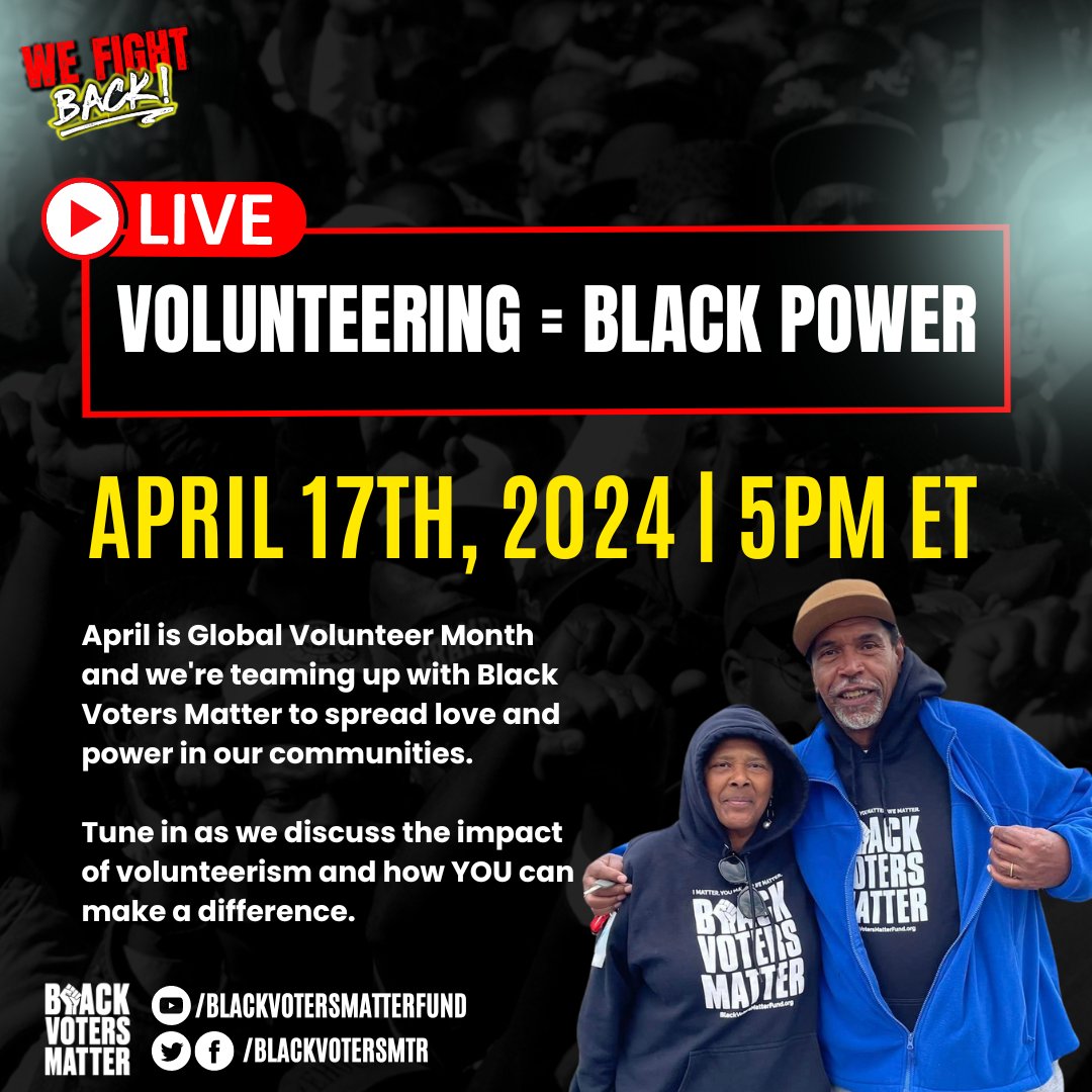 Join us at BVM as we celebrate volunteerism! Don't miss our livestream event on April 17th at 5pm ET on YouTube, Facebook, and Twitter. Let's discuss the power of giving back and how you can make a difference! See you there! 

#Volunteer #BlackVotersMatter