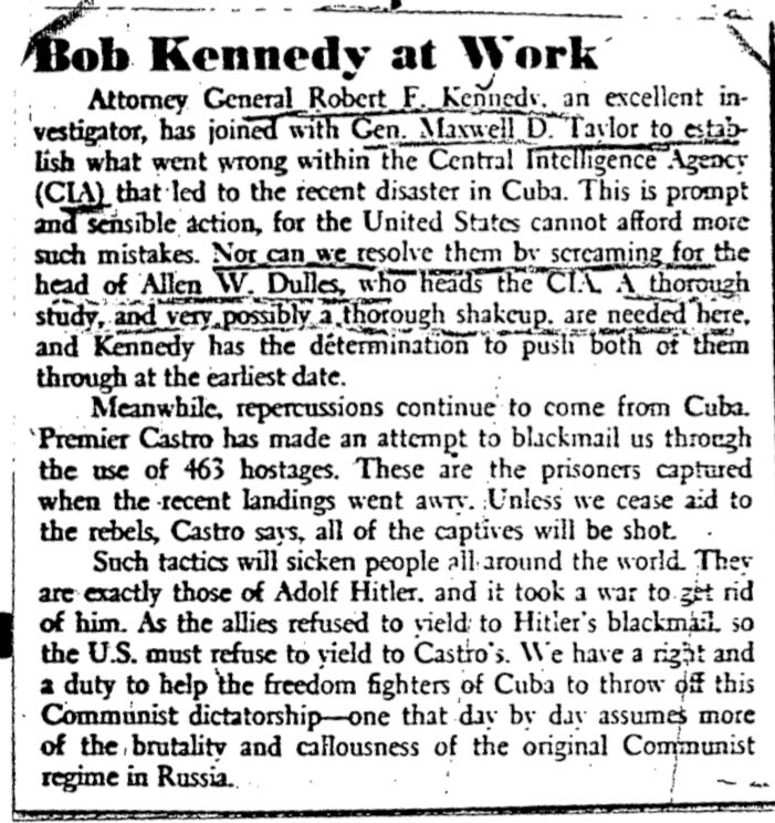 Some early press on the organization of the #BayOfPigs investigation, highlighting the role of #RobertKennedy in leading the probe that would “establish what went wrong within the Central Intelligence Agency…” 

(Newsday, 4/25/1961.)