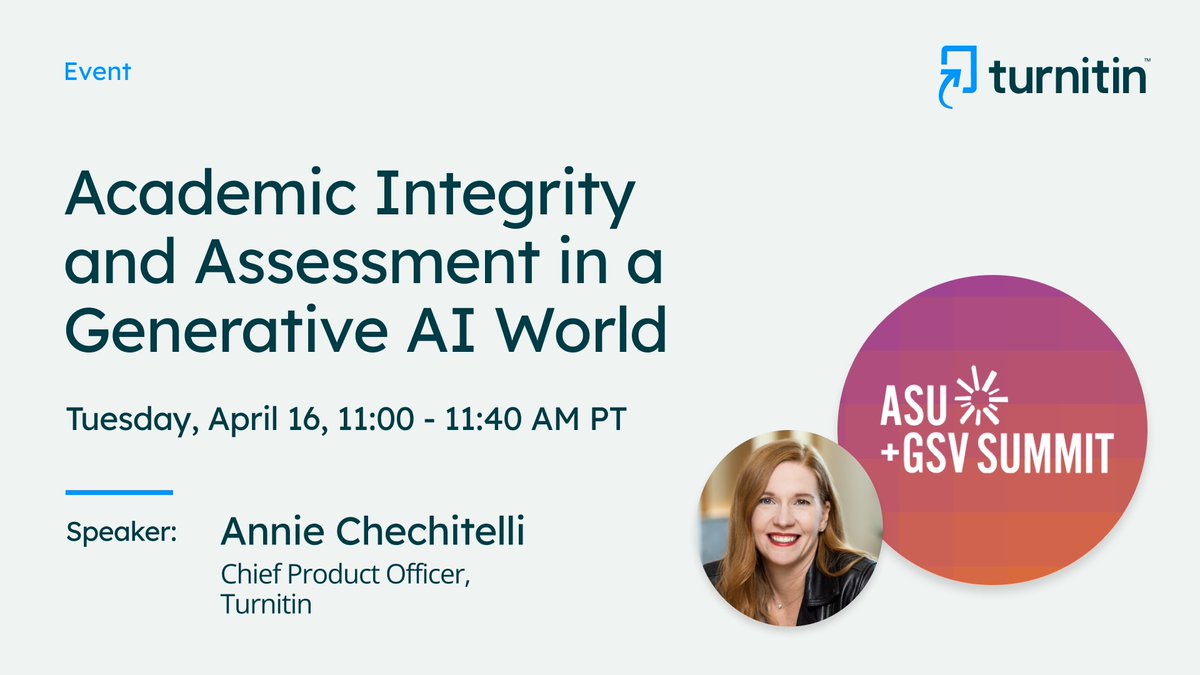 Chief Product Officer Annie Chechitelli will be a part of a panel at @asugsvsummit tomorrow, diving into the challenges of maintaining #academicintegrity in a #generativeAI world. #edtech #educationtechnology ow.ly/vMzP50ReyOs