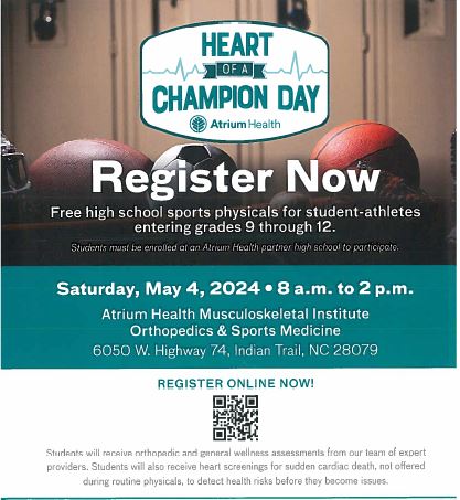 🚨Piedmont athletes: Sign up now for your FREE sports physical through Atrium Health on Saturday May 4th at Heart of a Champion day! Register at heartofachampiondayreg.org/Union.aspx by Friday April 19th.