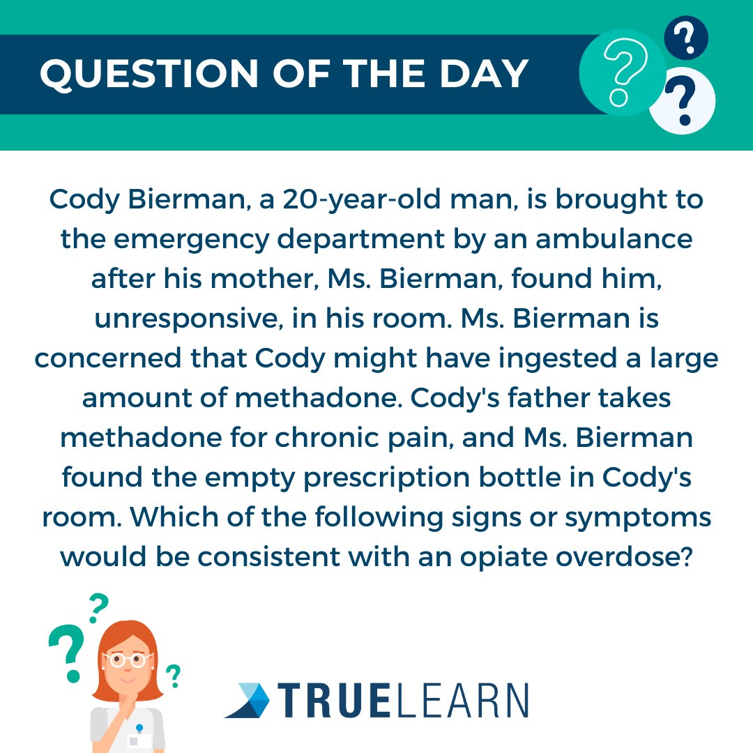 #QOTD

Select ALL That Apply:

1. Diarrhea
2. Hypercapnia
3. Miosis
4. Mydriasis
5. Tachypnea

Answer: Make your best guesses in the comments. We will share the correct answer(s) tomorrow!

#truelearn #pharmacy #naplex #healthcare #healthcarestudent #practicequestion #examprep