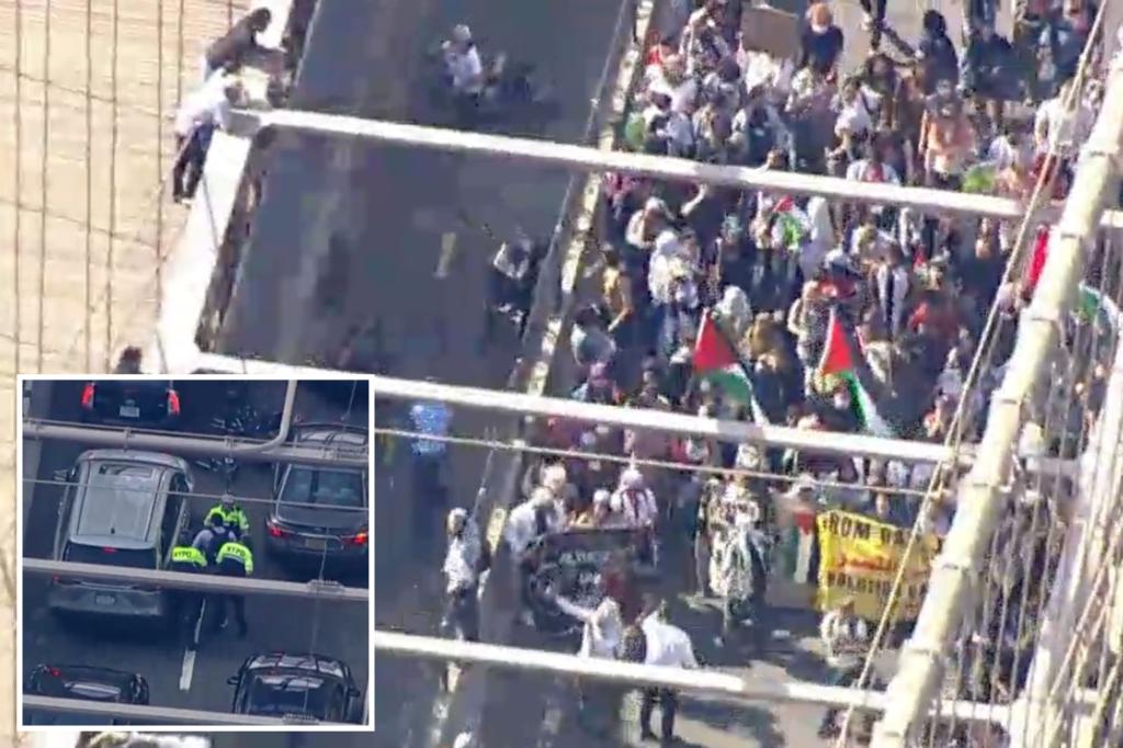 nypost's tweet photo. Hundreds of anti-Israeli protesters wreak havoc in downtown NYC, disrupt bridge traffic as cops make arrests https://t.co/LAS3ySPiVL https://t.co/m0Vu5M73ro