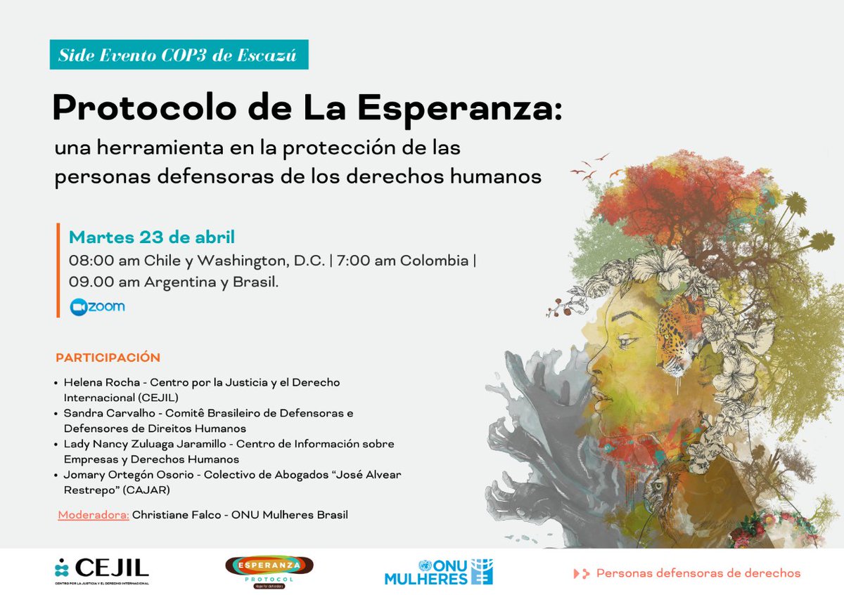 🟠 #COP3 | Únete al encuentro virtual sobre #ProtocoloDeLaEsperanza para debatir con expertas de la región sobre políticas públicas de protección integral y cómo responder eficazmente a las amenazas contra personas defensoras. ✍️Inscripciones 👉bit.ly/3Jl5RMu