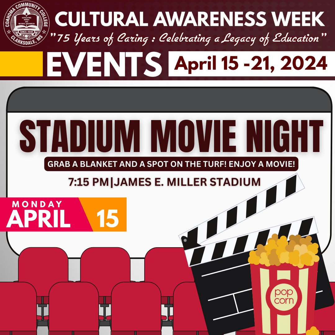 Keep the excitement going for Cultural Awareness Week! Grab your blanket and get ready for an exciting night under the stars as we host a Stadium Movie Night at the James E. Miller Stadium! 🌟 Join us on the turf for an unforgettable movie experience! 🎥🍿
