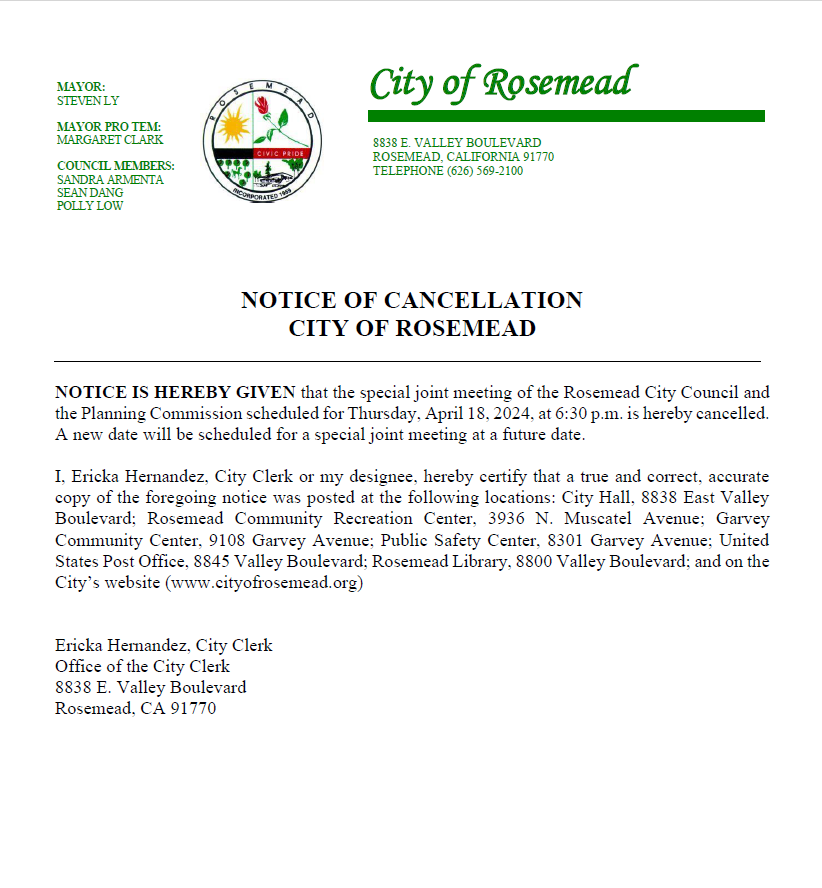 ANNOUCEMENT: The joint special meeting of the City Council and Planning Commission for April 18 is cancelled. A new date will be scheduled to hold a special joint meeting. #CityofRosemead