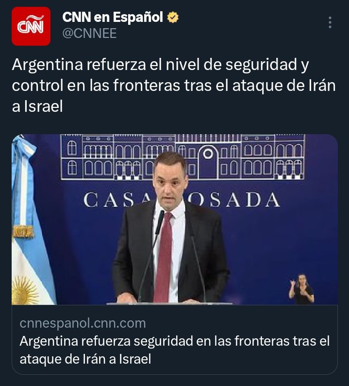 El chiste del día, solo apto para iluminados: 'Argentina refuerza el nivel de seguridad y control en las fronteras tras el ataque de Irán a Israel' ...en cualquier momento el energúmeno de Javier Milei le declara la guerra a Irán en nombre de la libertad.