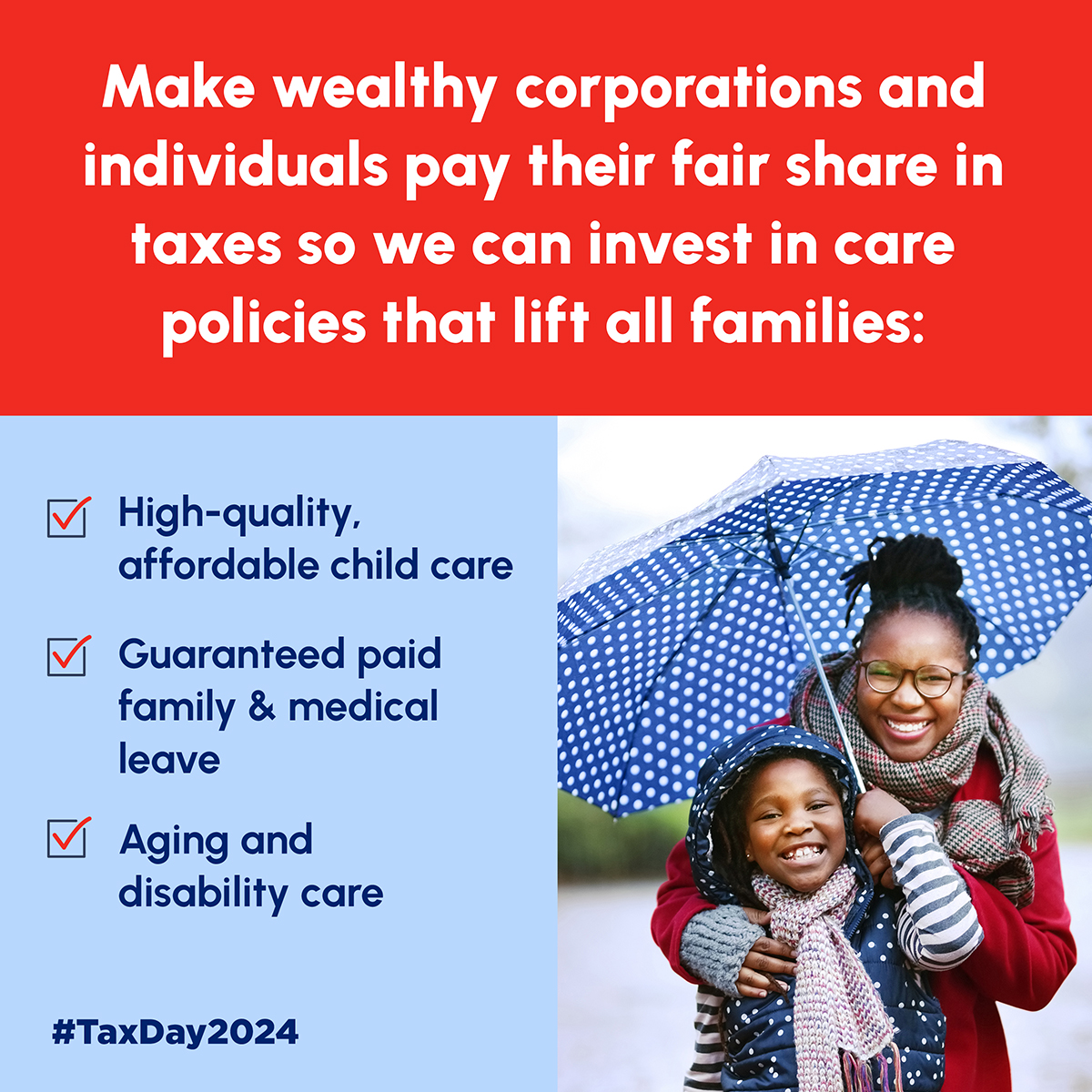 The rising cost & inaccessibility of quality child care is a concern for many families and greatly impacts our economy. Tell Congress to #TaxtheRich and use that funding to pay for child care that all of our children deserve! lnkd.in/eNBKsmFf #taxday2024