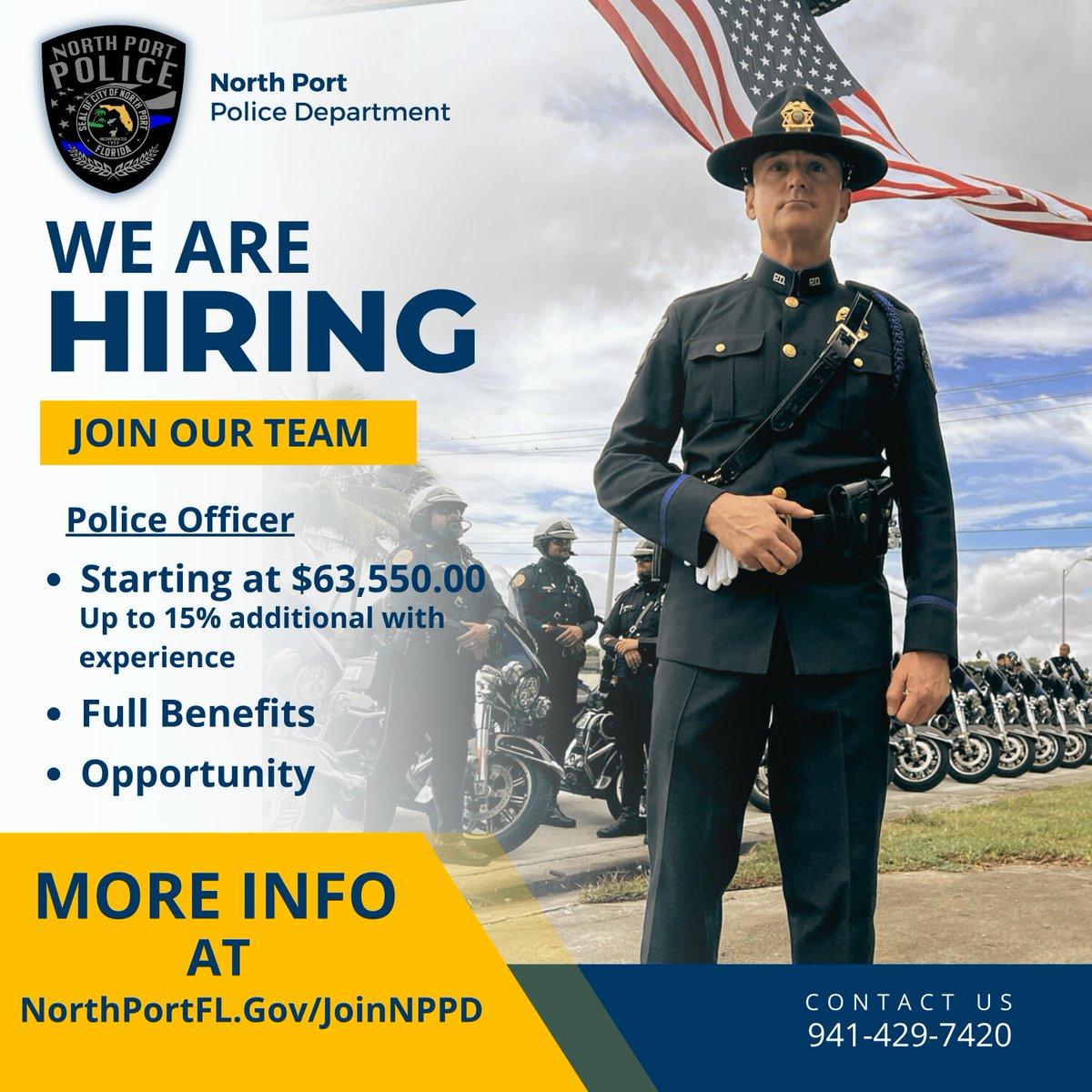 Looking for qualified candidates for the position of #PoliceOfficer to help keep our growing community safe. Experience or not, your future is here. Those with experience as a certified officer in-state or out-of-state are eligible for higher pay. NorthPortFL.Gov/JoinNPPD