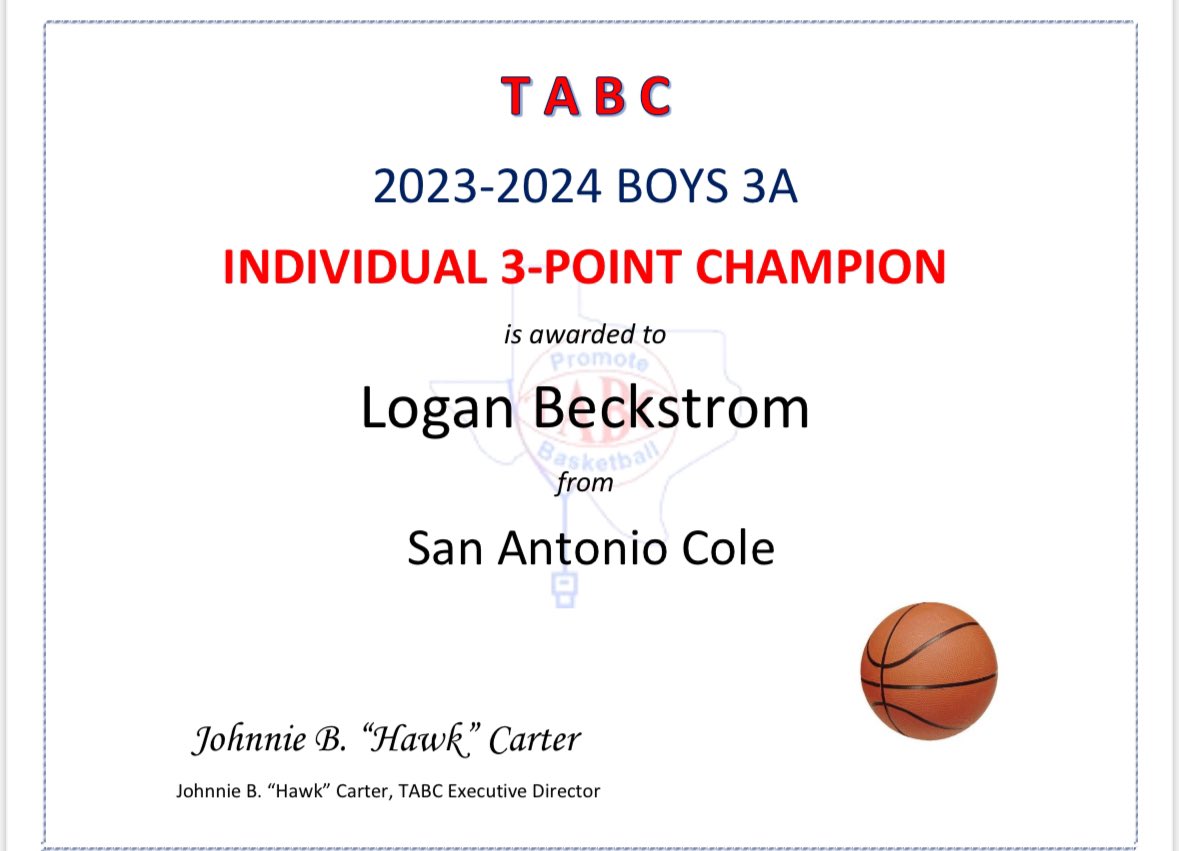 Congrats Logan Beckstrom Texas 3a 3pt champion with 138 made 3 pointers this season! All the hard work and Individual shooting time is paying off. 1 more season to go let’s keep getting better! @DrJCerna @CoachNorman1 @FSHISD @DrGbates @SSports_Media @Tabchoops @hoopinsider