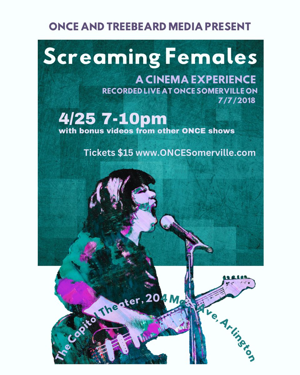 A unique cinema experience! In the historic setting of @capitol_theatre_arlington rock out to a full Screaming Females set, recorded at ONCE ballroom and with some bonus videos from other iconic music artists. Tickets at oncesomerville.com 🖤