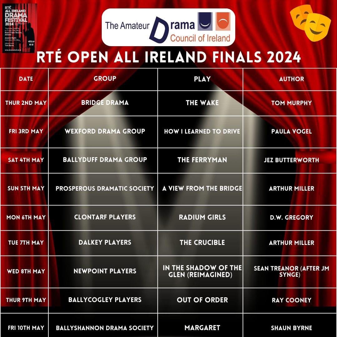 What a line-up for the @AllIrelandDram1 ! Adjudicator Tom Byrne @AssociationIe will have a tough job ahead of him. Very best wishes from @DramaLeagueIrl to the 9 finalist groups, Regina Bushell @Regina_Bushell & team making preparations @Dean_Crowe #amdram #theatre #dli #adci