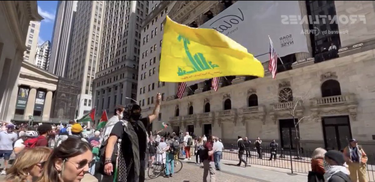 Hamas bandanas and Hezbollah flags spotted at today’s protest on Wall Street. 

The A15 protest was coordinated by Within Our Lifetime, The People’s Forum, Answer Coalition, and Decolonize This Place.