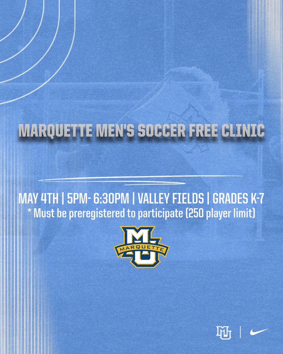 Register today for our FREE CLINIC on Saturday, May 4th! The clinic will be held from 5pm-6:30pm at Valley Fields and is open to grades K-7. Registration link is in our bio. We can’t wait to see you there! #WEAREMARQUETTE | #MARQUETTESOCCER ⚽️