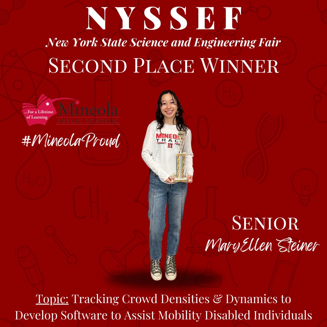 Recently, Senior MaryEllen Steiner was given the Second Place Award for her science research presentation at the New York State Science and Engineering Fair at the New York Hall of Science in Queens, NY. We are so #MineolaProud of you MaryEllen for this incredible accomplishment!