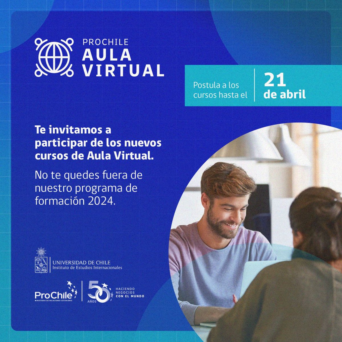 🌐El Programa de Formación de Gestión en Comercio Internacional #AulaVirtual de ProChile, busca fortalecer habilidades en exportación y estrategias de internacionalización. Postula hasta el 21 de abril de 2024 📅. Más detalles aquí: bit.ly/3vG69KJJ