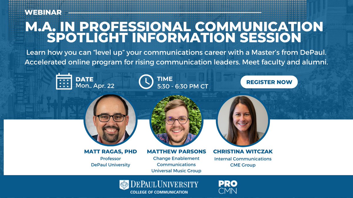 🚨ONE WEEK AWAY!🚨 Save the date -- 4/22 Earn your MA in Professional Communication from @DePaulU in just 1 year via @CMNDePaul's accelerated, fully online program. Join @mattragas, along with program alumni, for an info session. REGISTER HERE: bit.ly/3J6u7Sr 🔹▫️🔹