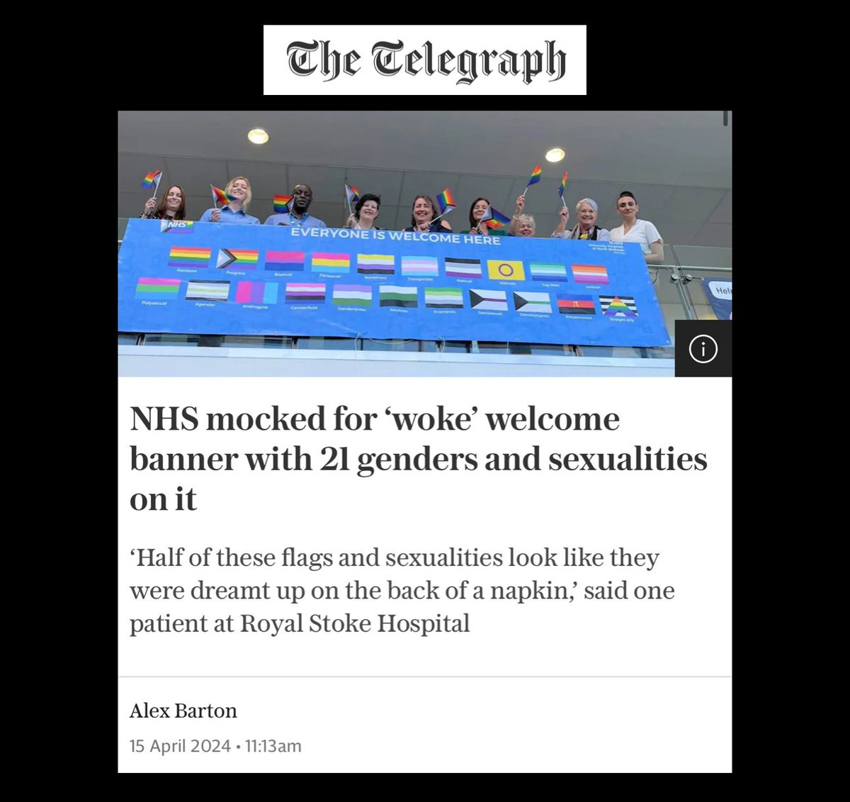 Dear @Telegraph,

Nearly 10 million people are on the longest waiting list in NHS history, 500 deaths occur every single week from delays accessing NHS emergency care, but this is newsworthy? Everyone should feel welcome in the NHS. Everyone. Stop feeding hatred.

#SOSNHS