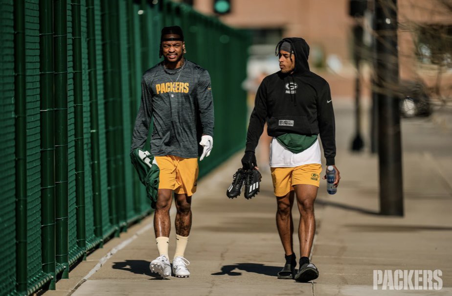 Green Bay Packers Defensive Backs Jaire Alexander and Xavier McKinney showing up for the first day of voluntary workouts. Photo Credit: Team photographer Evan Siegle of Packers.com