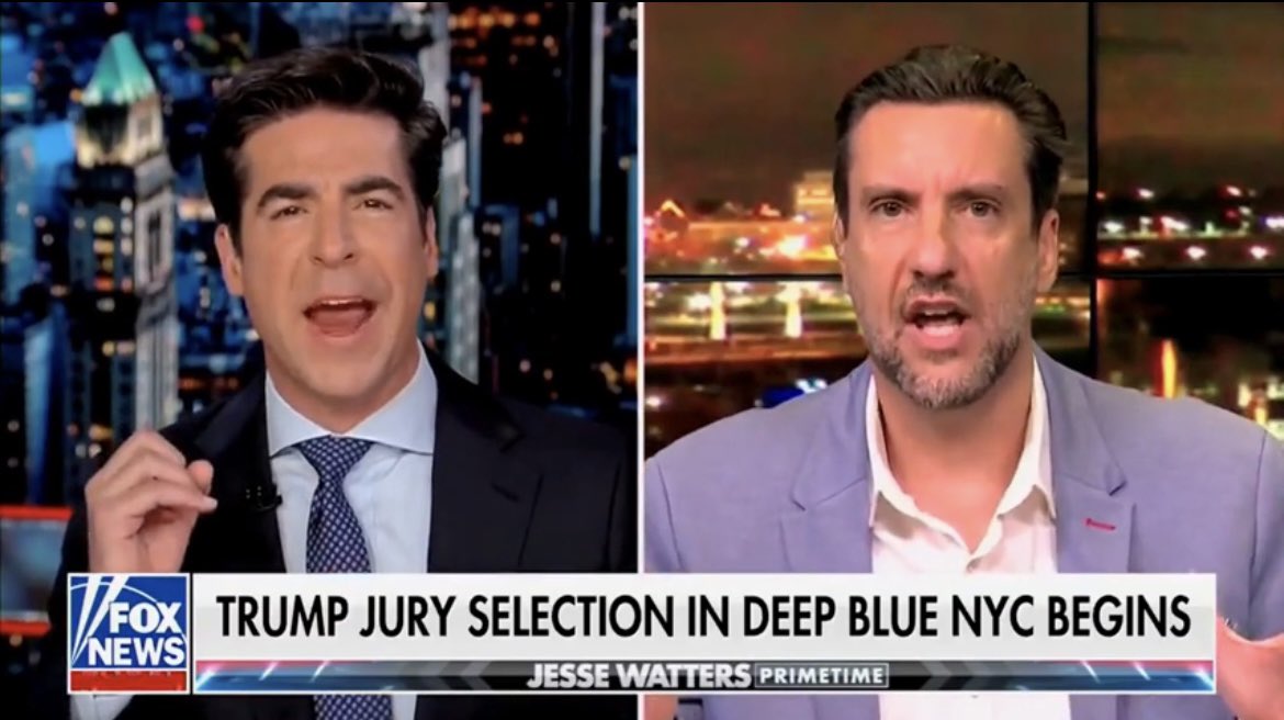 Naturally, after Clay Travis encouraged a Trump supporter to “do everything they can” to get on the jury so they can sabotage the trial by causing a hung jury as a “patriotic” act, Fox puts him on in prime time to repeat it in case anyone missed the tweet.