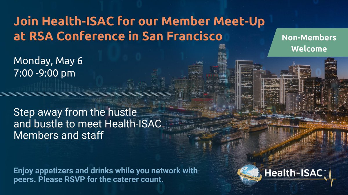 Join health sector cyber and physical security individuals for a happy hour Member Meetup. Longtime Members, those new to the community or considering membership, are welcome. Monday, May 6, 7:00 - 9:00 PM PT portal.h-isac.org/s/community-ev…… #healthit #healthcaresecurity