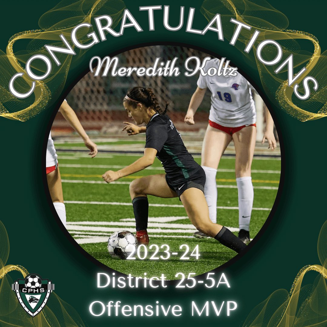 Congratulations to District 25 5A Offensive MVP: Meredith Koltz. #ubuntu #cpdna @CoachQCPProud @LISD_AD @j_wo24 @var_austin @tascosoccer @LethalSoccer @CPHS_Sports @MeredithKoltz