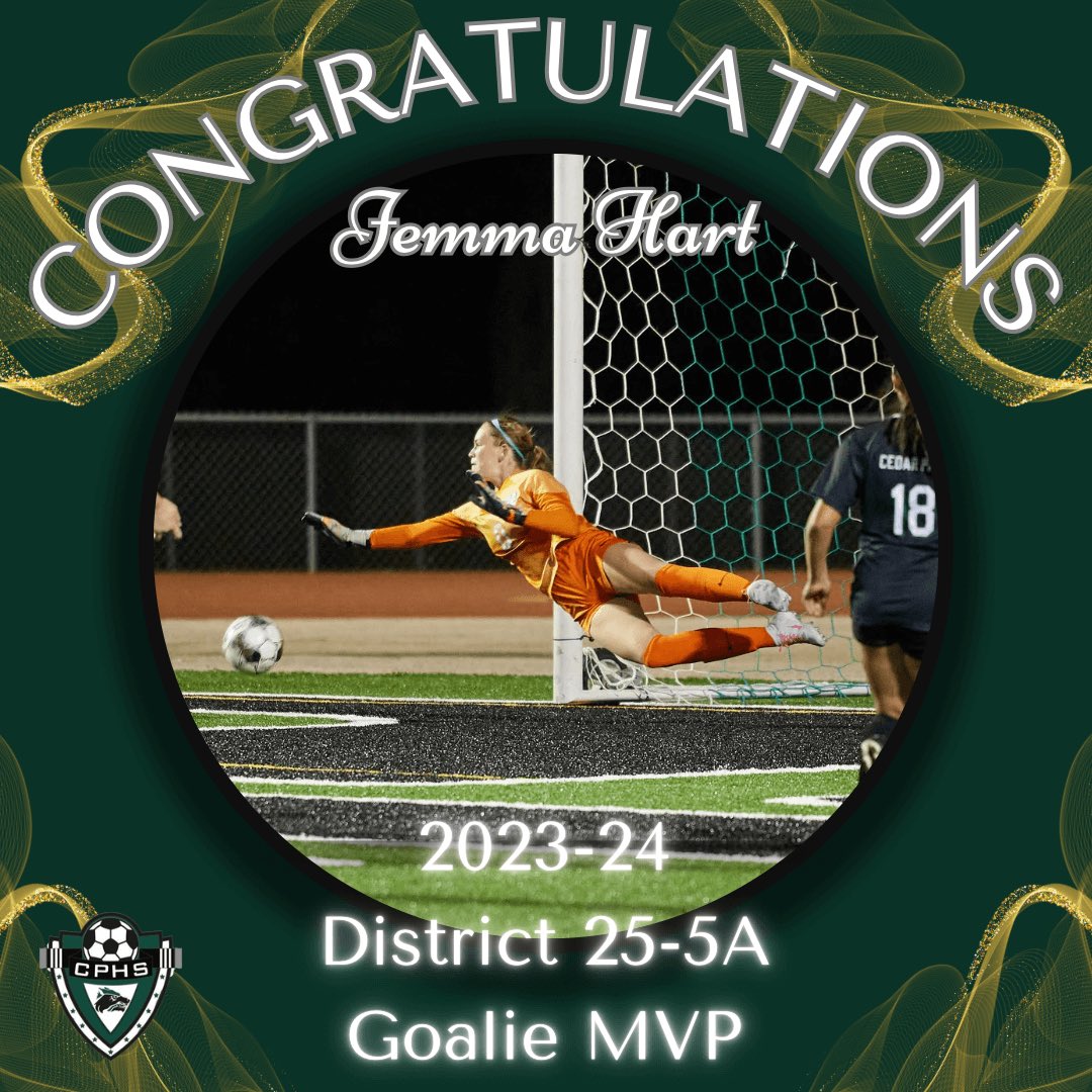 Congratulations to District 25 5A Goalie MVP: Jemma Hart. #ubuntu #cpdna @CoachQCPProud @LISD_AD @j_wo24 @var_austin @tascosoccer @LethalSoccer @CPHS_Sports