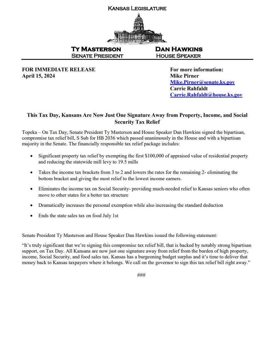 “It’s truly significant that we’re signing this compromise tax relief bill that's backed by notably strong bipartisan support, on Tax Day. All Kansans are now just one signature away from relief from the burden of high property, income, Social Security, and food sales tax. #ksleg