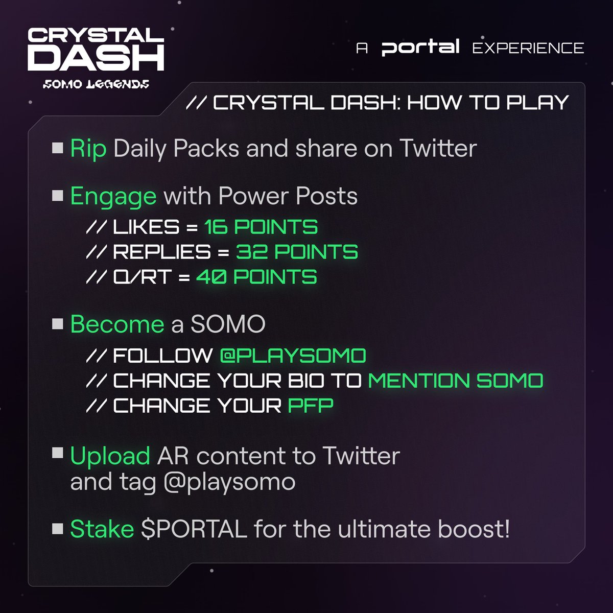 Crystal Dash: SOMO Legends continues to take Twitter by storm.

As we approach 100k players ripping packs and engaging for $SOMO rewards, here’s a quick reminder of how to play the biggest SocialFi game yet! 1/2