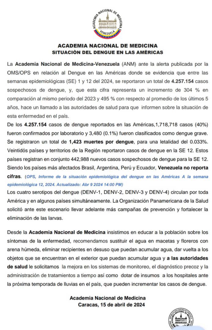 De interés para todos. Hay un 304% de los casos sospechosos de dengue en el primer trimestre de 2024 comparado con el mismo periodo de 2023. La situación requiere atención y educación. Agradecemos difusión del comunicado