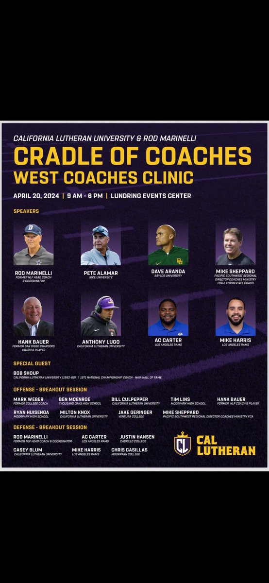 Excellent opportunity to come and learn from some brilliant minds! We will be hosting the clinic this Saturday, April 20th. @CLUFootball @CLUSports Sign up link 👇🏼 clusports.com/sports/2024/2/…