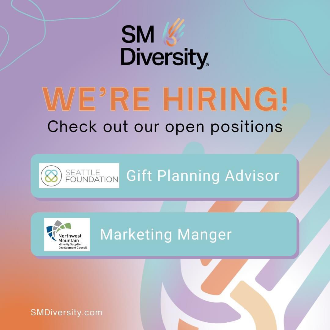 @SMDiversity hiring
✨ #GiftPlanning Advisor for Seattle Foundation: apply.workable.com/j/AD9CEA6100
✨ #Marketing Manager Northwest Mountain Minority Supplier Development Council: apply.workable.com/j/BF1BAFCBA3
#SeattleJobs #NonprofitJobs #DEI #SeattleFoundation #NonProfit 
#Seattle #Hiring