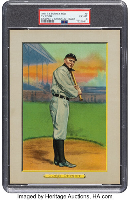 LeilaDunbar's tweet photo. On August 19, 2023 a 1911 T3 Turkey Red Ty Cobb #9 Checklist Back Graded PSA EX-MT 6 sold for $156,000 (Heritage Auctions, Lot #80009) #antiquesroadshow 
.
.
.
.
.
.
.
@roadshowpbs @ncartmuseum #majorleaguebaseball #mlb #turkeyred #CyYoung #SamCrawford #TrisSpeaker #BostonAmericans #NapJajoie #ChristyMathewson #TyCobb #bowman #topps #rookiecard #baseballcards #sportsmemorabilia #tradingcards #vintagebaseballcards #rookiecards #leiladunbar #whatsinyourattic #baseballmemorabilia #whodoyoucollect #auction #onlineauction #thehobby #PBS #leiladunbar #womeninsports