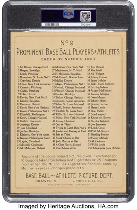 LeilaDunbar's tweet photo. On August 19, 2023 a 1911 T3 Turkey Red Ty Cobb #9 Checklist Back Graded PSA EX-MT 6 sold for $156,000 (Heritage Auctions, Lot #80009) #antiquesroadshow 
.
.
.
.
.
.
.
@roadshowpbs @ncartmuseum #majorleaguebaseball #mlb #turkeyred #CyYoung #SamCrawford #TrisSpeaker #BostonAmericans #NapJajoie #ChristyMathewson #TyCobb #bowman #topps #rookiecard #baseballcards #sportsmemorabilia #tradingcards #vintagebaseballcards #rookiecards #leiladunbar #whatsinyourattic #baseballmemorabilia #whodoyoucollect #auction #onlineauction #thehobby #PBS #leiladunbar #womeninsports