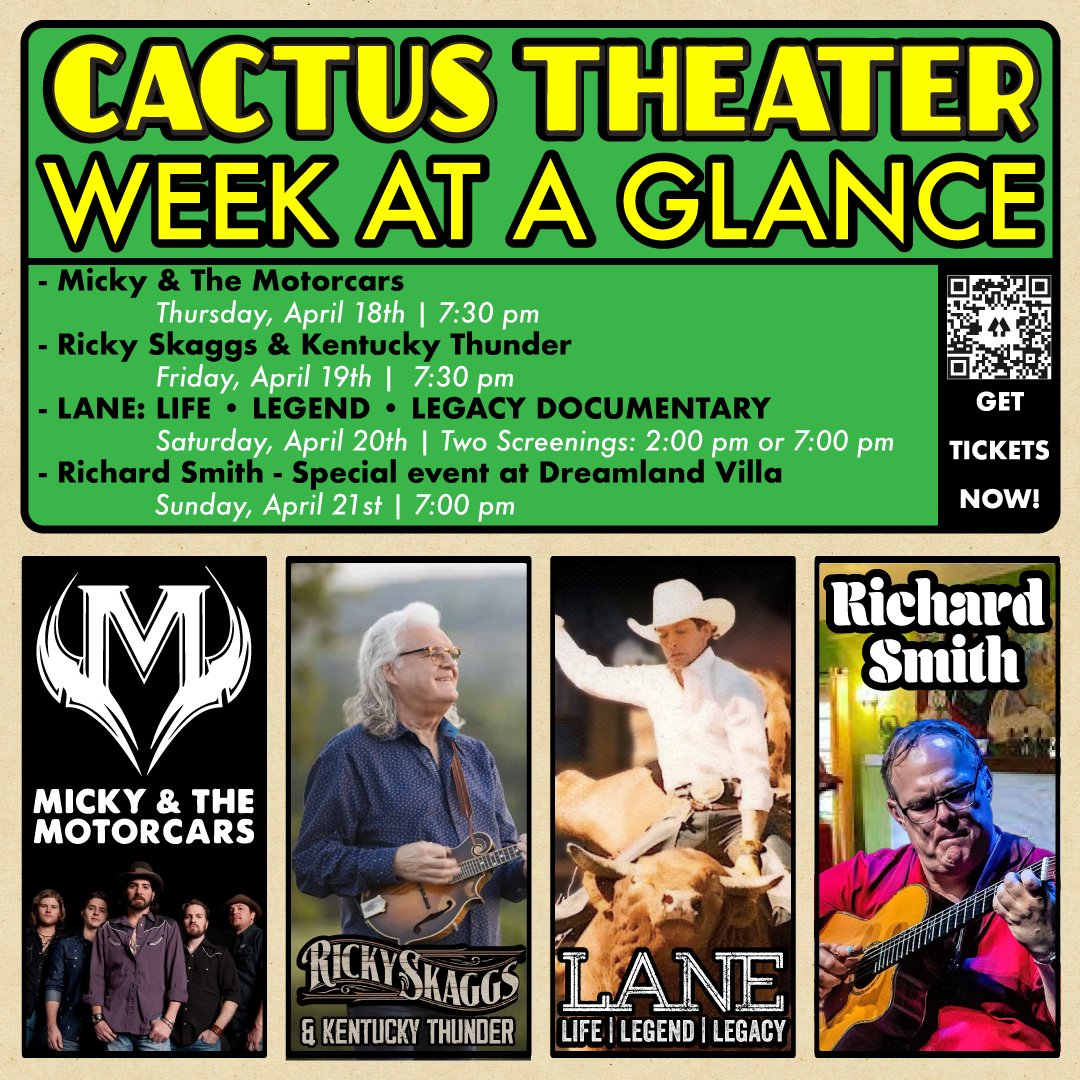 Cactus Theater Week At A Glance! We have some exciting shows coming up this week! GET TICKETS NOW! 🎟 > bit.ly/3MRhFGf or cactustheater.com | #lubbock #lubbocktx #hubcity #cactustheater #mickyandthemotorcars #rickyskaggs #lanefrostdocumentary #RichardSmith