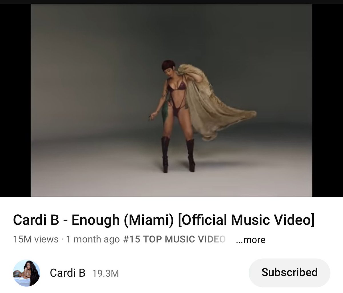 CherryBerry855's tweet photo. Top #15 music video! Holding steady
Enough (Miami) Keep streaming on all platforms #Cardi #EnoughIsEnough #Enoughmiami https://t.co/m9Dyv0cHLo