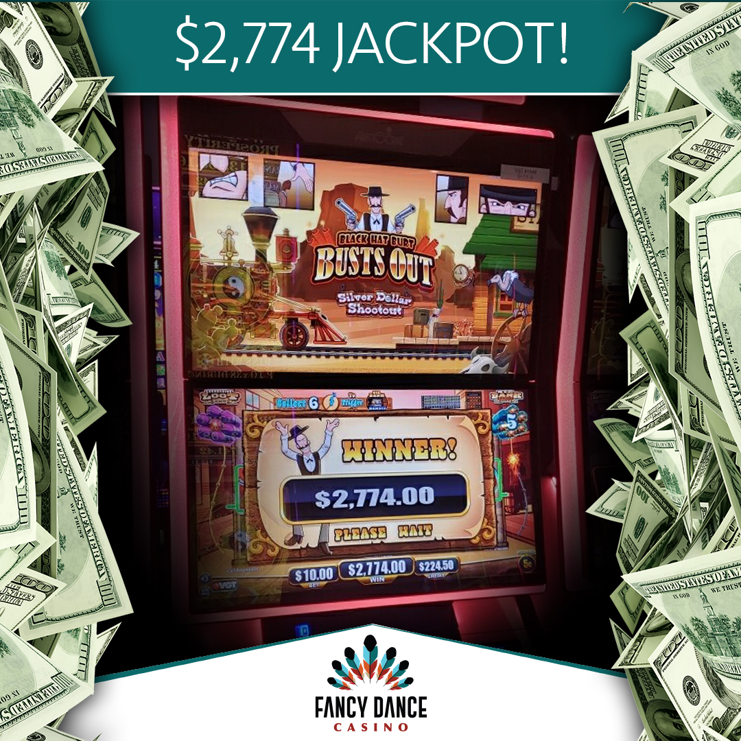 Saddle up for another #jackpot! 💰

#Congratulations to our $2,774 #JackpotWinner on on #SilverDollarShootout: #BlackHatBurt Busts Out! 🌟

#fancydance #fancydancecasino #casino #getfancy #oklahoma #playslots #ponca #silverdollar #slotwin #stayfancy #wherewinnersdance #win