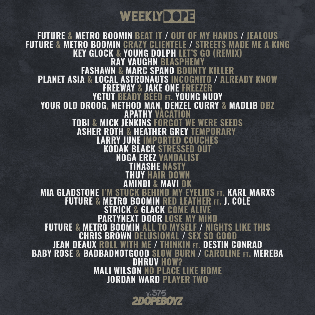 2DopeBoyz's tweet photo. Our #WeeklyDope playlist is updated with new music from @1future + @MetroBoomin, @partynextdoor, @Tinashe, @LarryJuneTFM, @planetasia, @jeandeauxmusic, @KeyGLOCK, @YourOldDroog, and more!

Press play: https://t.co/r6J7NRjl3p https://t.co/gVOjtVPrNp