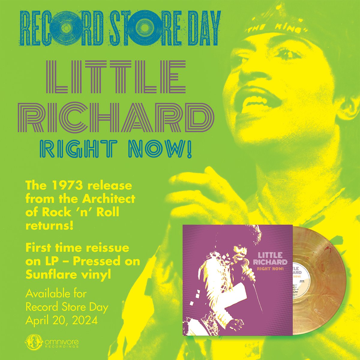 Omnivore Recordings and Little Richard are celebrating independent record stores with the 'sunflare' vinyl release of Right Now! on @recordstoreday April 20! Get more info & find participating record stores at recordstoreday.com! #rsd2024