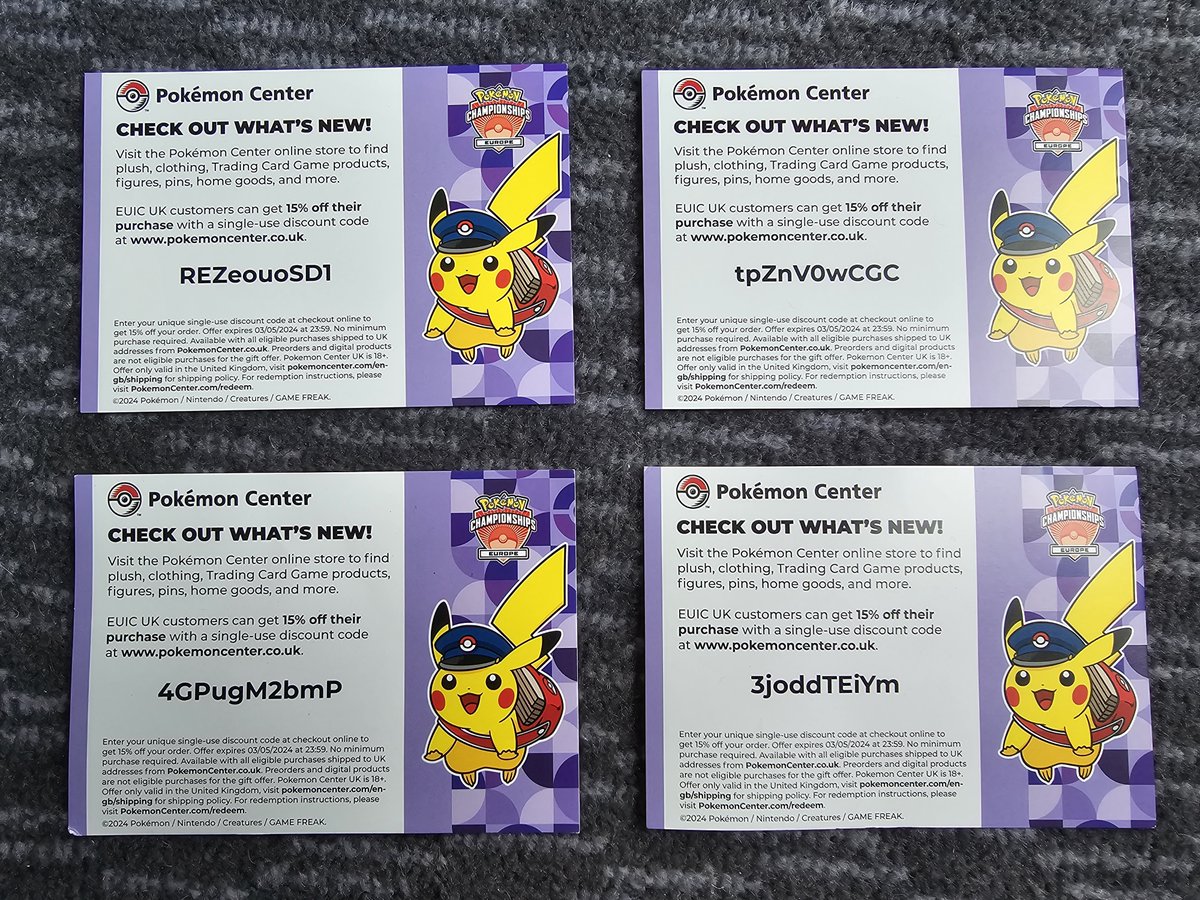 To my UK friends, here're 4 discount codes from the Pokémon Center, please feel free to use them.