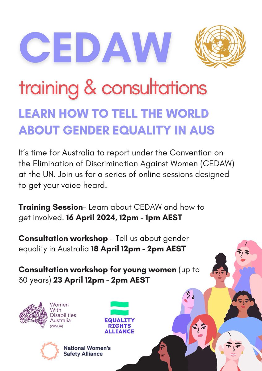 12pm TODAY: It's time to take stock of gender equality in Aus. Help us write the #CEDAW Shadow Report. RSVPs here: 1. Training Session buff.ly/3UjrJhG 2. Consultation workshop buff.ly/3Uk6Bb9 3. Consultation workshop for young women buff.ly/4aBtWuz