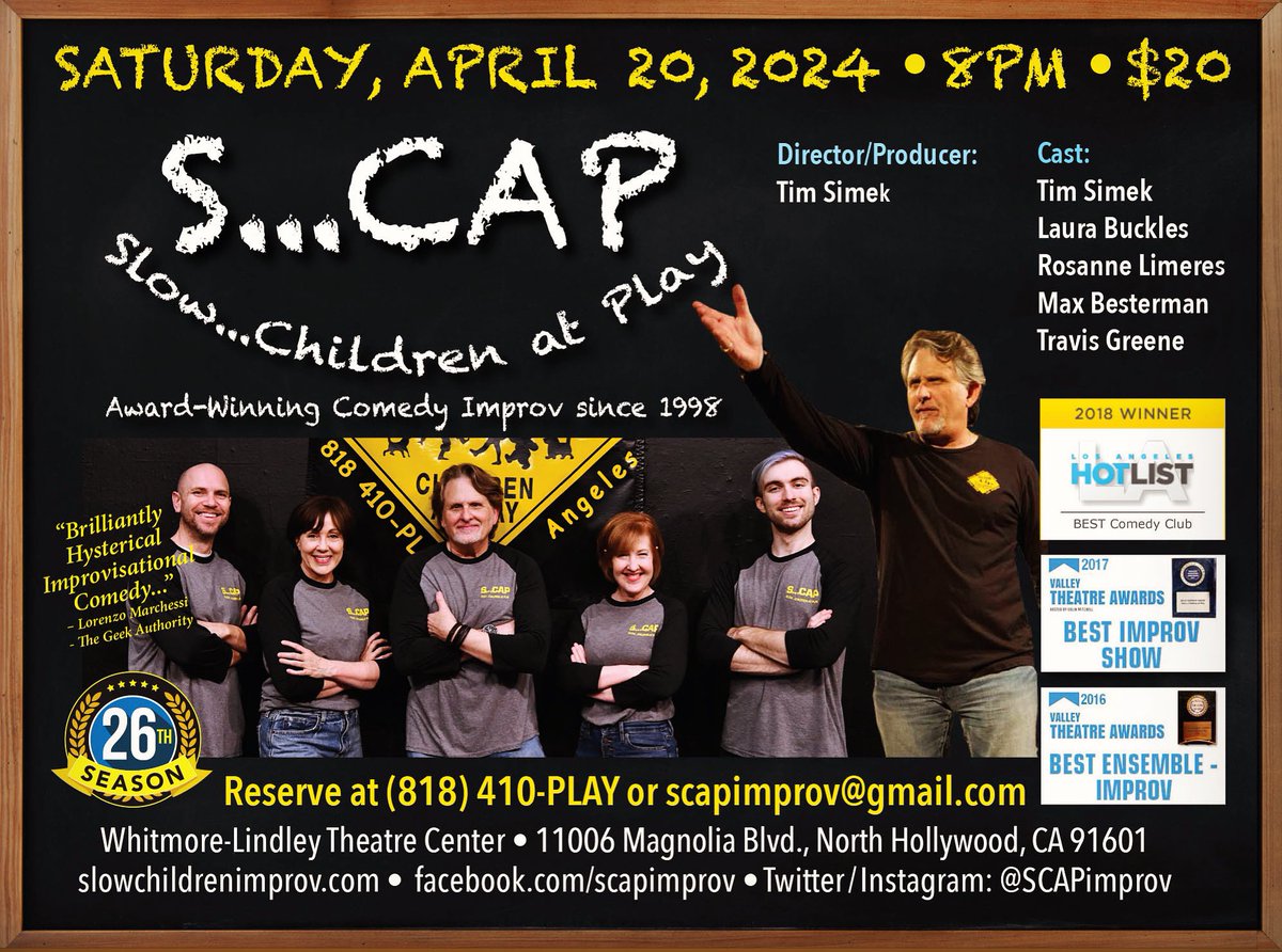 Need some fun and laughter after tax day? Join @SCAPimprov this Saturday at 8pm for awesome improv. You'll be glad you did! Reservations at (818) 410-PLAY (7529). 👏👏🤙🤣😂🎬🎭💜 #awardwinningcomedyimprov #26thseason #scap #nohoartsdistrict #laughterisgoodforthesoul