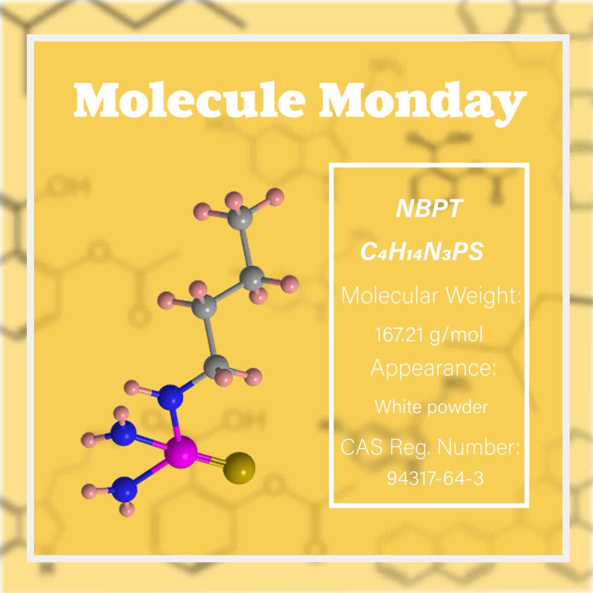 Do you know about n-(n-butyl)thiophosphoric triamide, or NBPT, a molecule that makes nitrogen fertilizers more effective? Learn more about this molecule at acs.org/molecule-of-th…. Images used in this post are from asc.org.